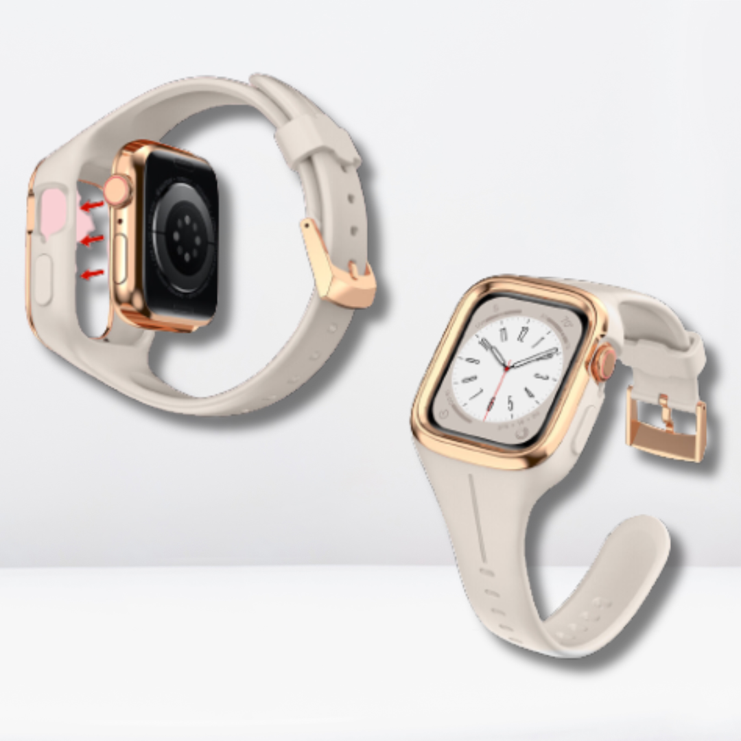 Silicone Strap Band + Stainless Steel Case Cover For iWatch Starlight Color