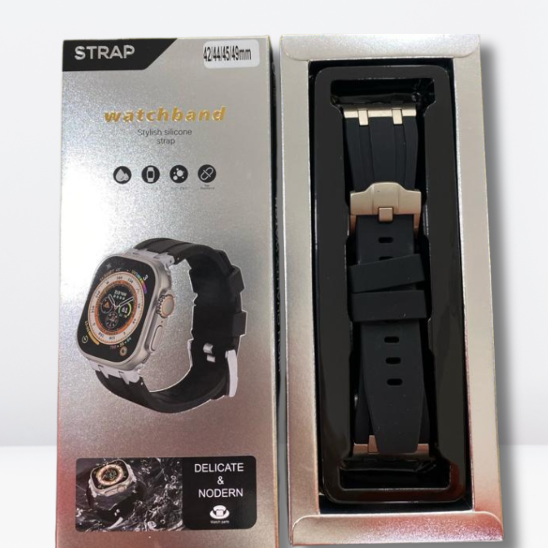 AP Sport Silicone Watch Band Strap for iWatch 42/44/45/49MM (BLACK/SILVER) Mobile Case by CoverMeUp - Style 5