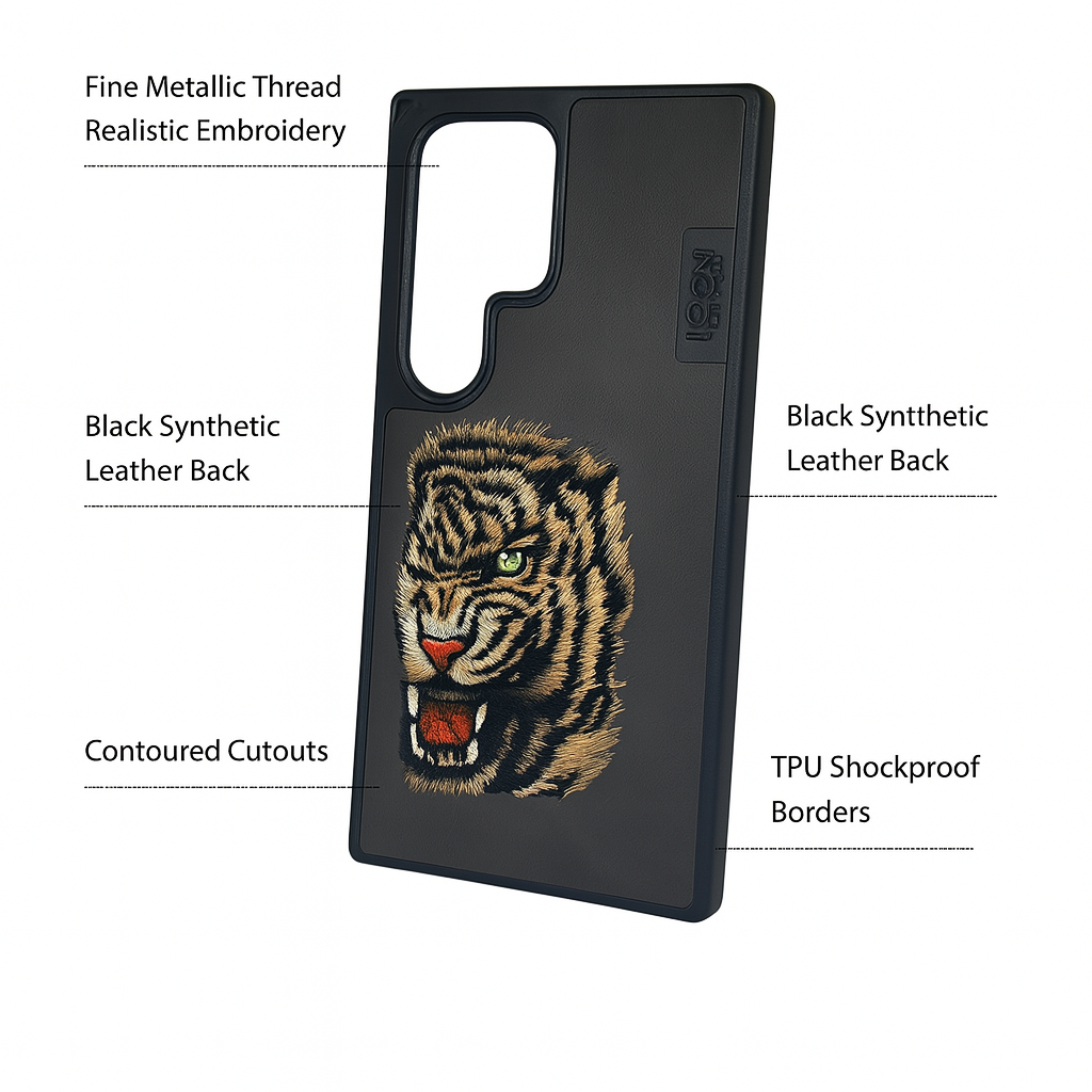 Tiger Embroidery Leather Case for Samsung Galaxy S24 Ultra – Black Faux Leather Protective Cover