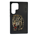 Tiger Embroidery Leather Case for Samsung Galaxy S24 Ultra – Black Faux Leather Protective Cover Mobile Case by CoverMeUp
