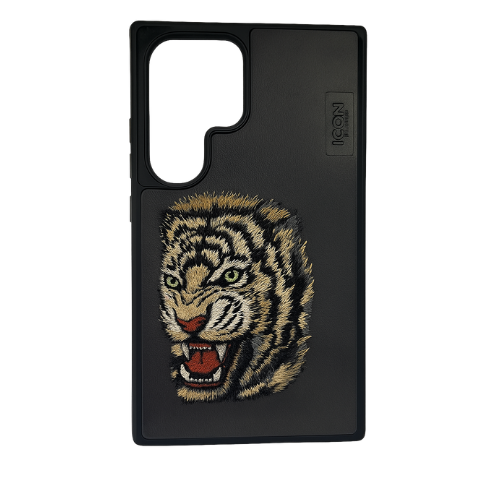Tiger Embroidery Leather Case for Samsung Galaxy S24 Ultra – Black Faux Leather Protective Cover