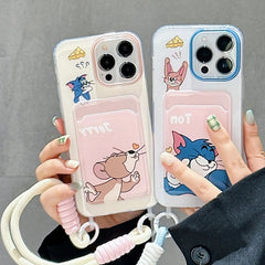 Tom & Jerry Lanyard Card Holder iPhone Case – Cute Silicone Wallet Cover with Strap
