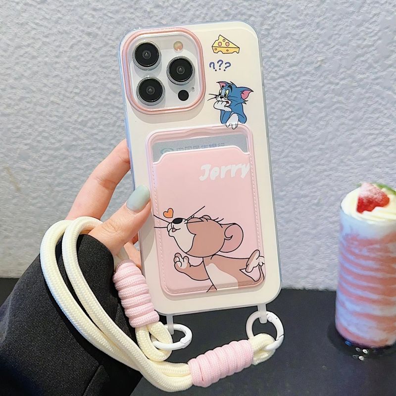 Tom & Jerry Lanyard Card Holder iPhone Case – Cute Silicone Wallet Cover with Strap