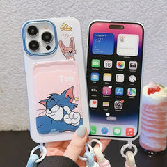 Tom & Jerry Lanyard Card Holder iPhone Case – Cute Silicone Wallet Cover with Strap