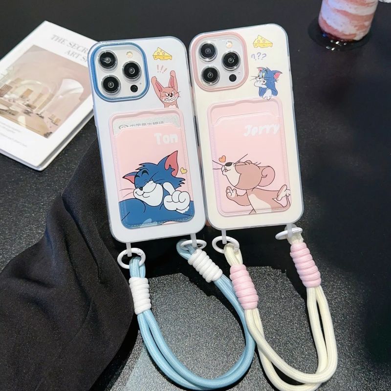 Tom & Jerry Lanyard Card Holder iPhone Case – Cute Silicone Wallet Cover with Strap
