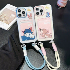 Tom & Jerry Lanyard Card Holder iPhone Case – Cute Silicone Wallet Cover with Strap