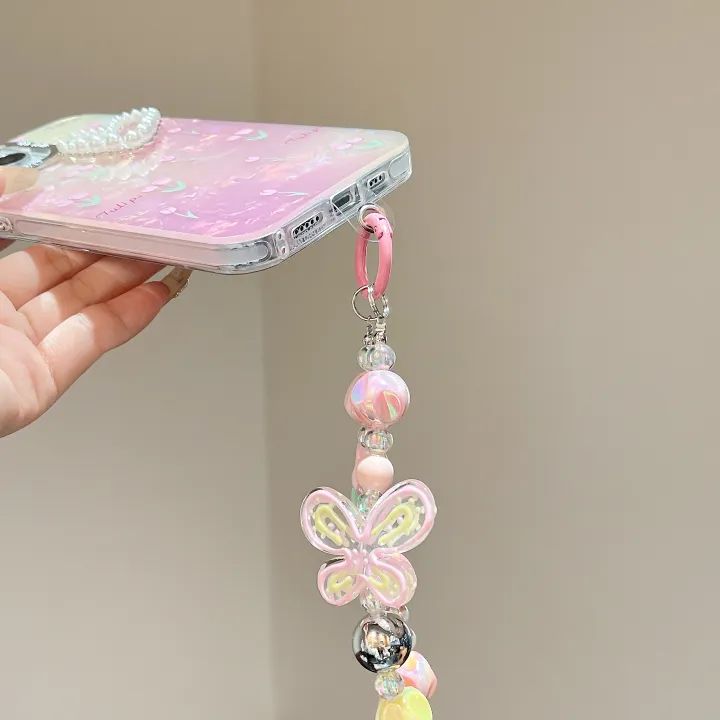Tulip Pearl Heart Luxury iPhone Case – Shockproof Soft TPU Cover with Strap & Camera Protection