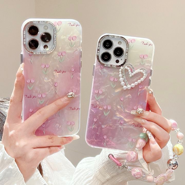 Tulip Pearl Heart Luxury iPhone Case – Shockproof Soft TPU Cover with Strap & Camera Protection