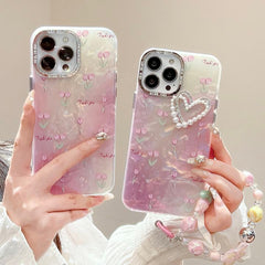 Tulip Pearl Heart Luxury iPhone Case – Shockproof Soft TPU Cover with Strap & Camera Protection