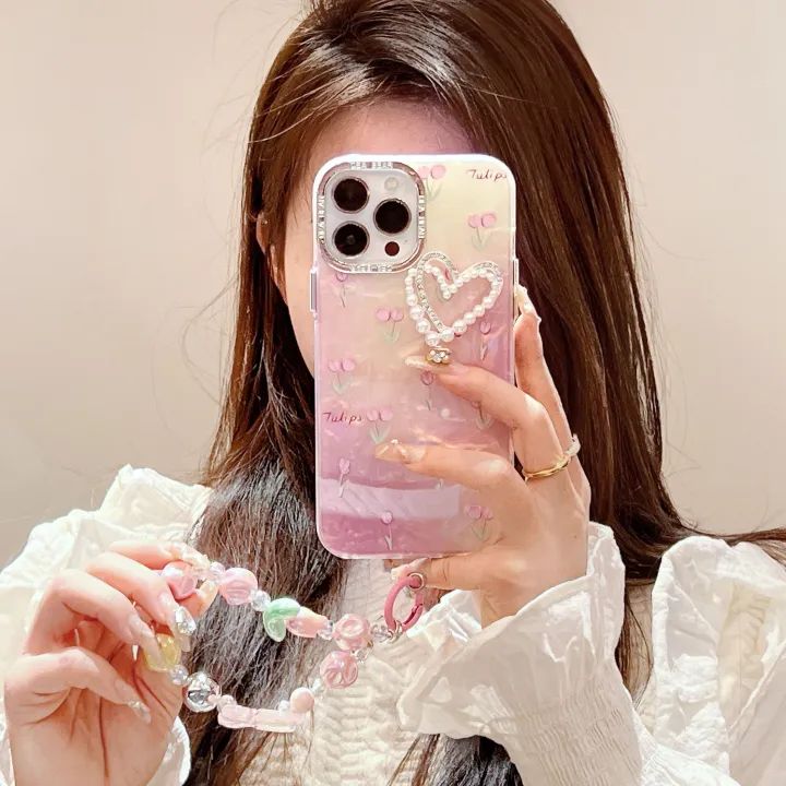 Tulip Pearl Heart Luxury iPhone Case – Shockproof Soft TPU Cover with Strap & Camera Protection