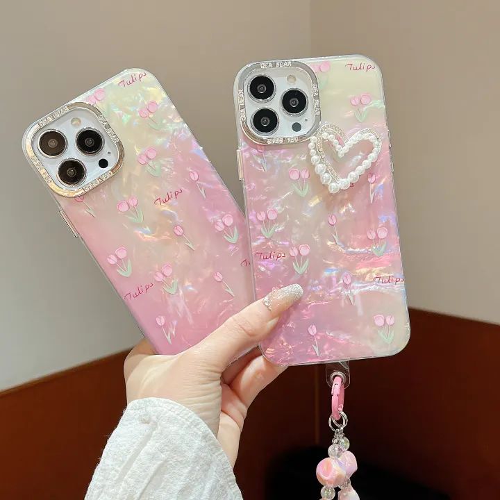 Tulip Pearl Heart Luxury iPhone Case – Shockproof Soft TPU Cover with Strap & Camera Protection