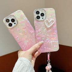 Tulip Pearl Heart Luxury iPhone Case – Shockproof Soft TPU Cover with Strap & Camera Protection