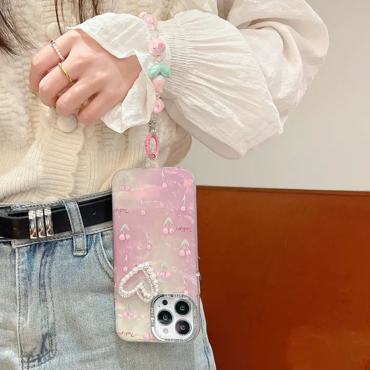 Tulip Pearl Heart Luxury iPhone Case – Shockproof Soft TPU Cover with Strap & Camera Protection