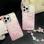 Protective Apple iPhone Back Cover - Tulip Pearl Heart Luxury iPhone Case – Shockproof Soft TPU Cover with Strap & Camera Protection - Style 3