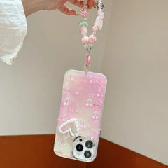 Tulip Pearl Heart Luxury iPhone Case – Shockproof Soft TPU Cover with Strap & Camera Protection