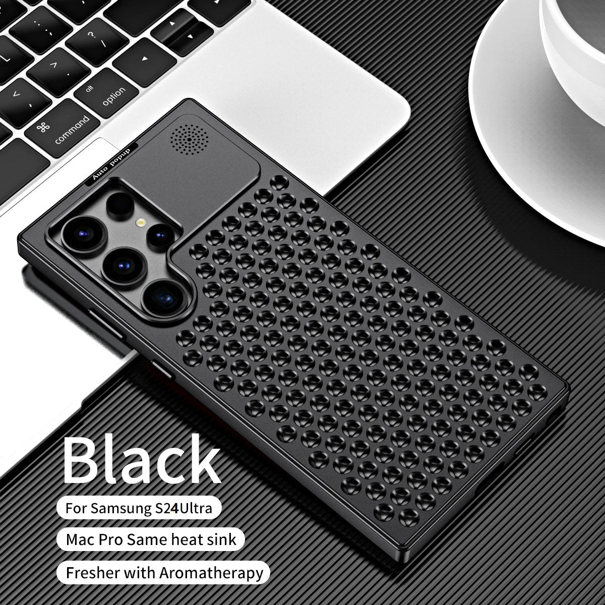Samsung Galaxy S24 Ultra Metal Heat Dissipation Aluminum Cooling Case with Fragrance Aroma - Black Mobile Case by CoverMeUp