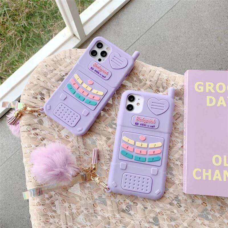 Protective Apple iPhone Back Cover - Purple Mobile Cute Phone Rubber iPhone Case With Fur Hanging