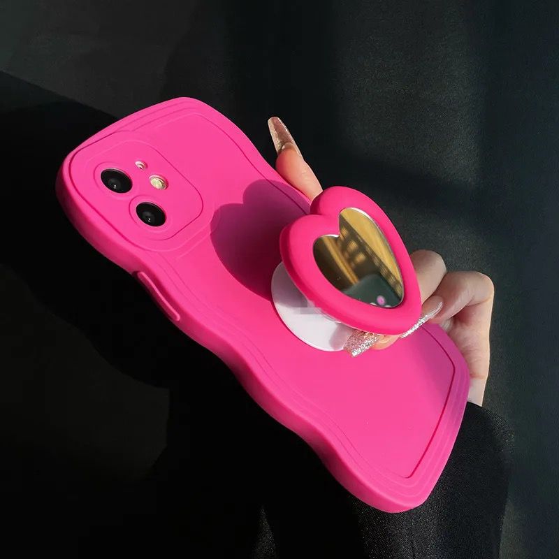 Protective Apple iPhone Back Cover - Wave Silicone Heart Mirror Holder iPhone Case - Style 2