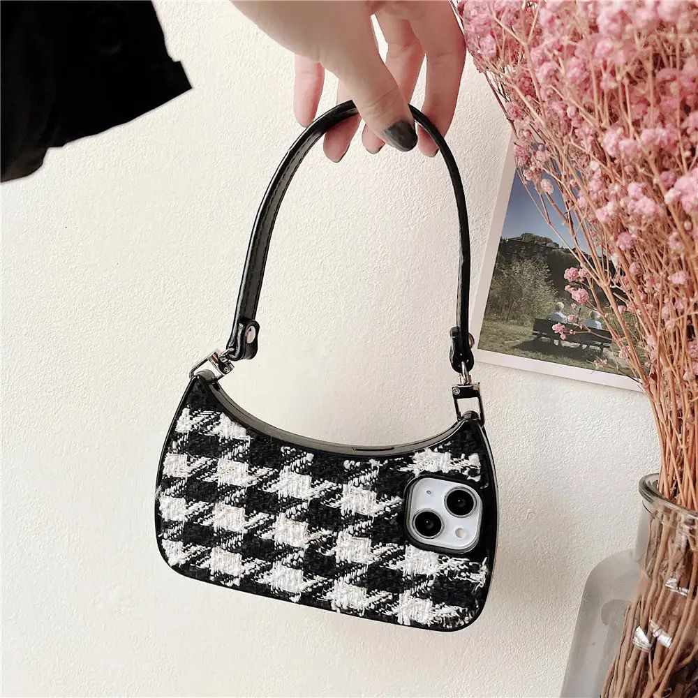 Protective Apple iPhone Back Cover - B/W iPhone Fabric Handbag Lanyard Silicone Case - Style 4