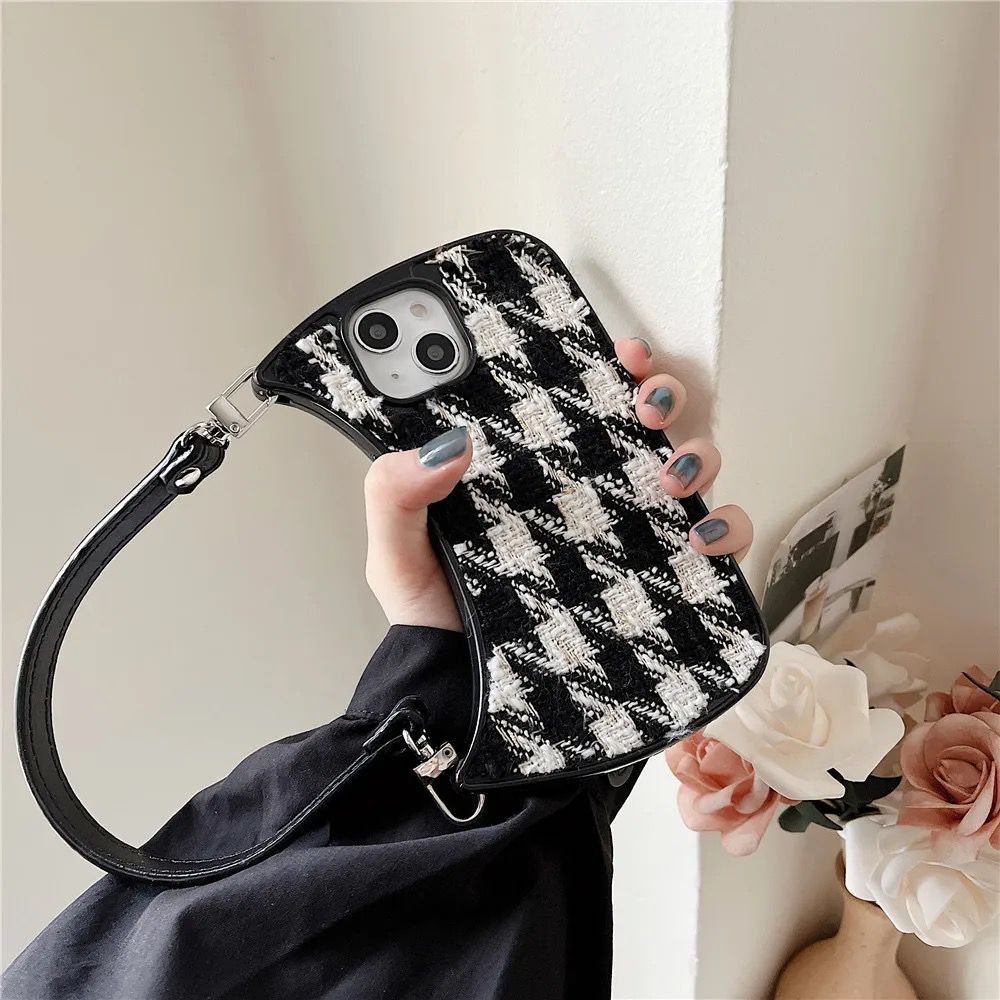 Protective Apple iPhone Back Cover - B/W iPhone Fabric Handbag Lanyard Silicone Case - Style 2