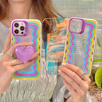 Protective Apple iPhone Back Cover - Cute Waves Laser Dual iPhone Case With Heart Holder - Style 2