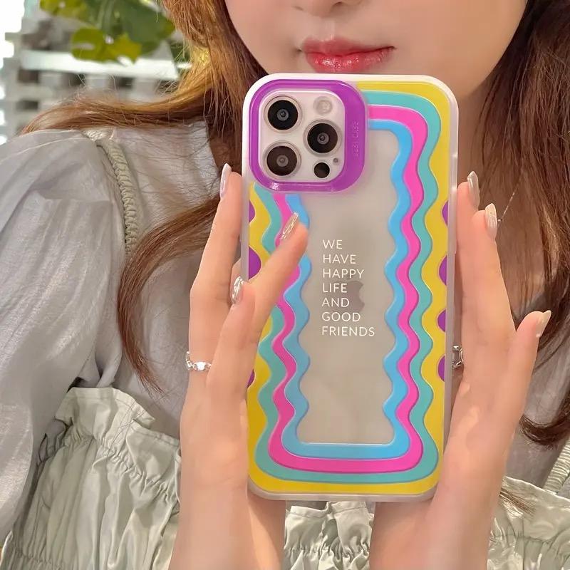 Protective Apple iPhone Back Cover - Cute Waves Laser Dual iPhone Case With Heart Holder - Style 3