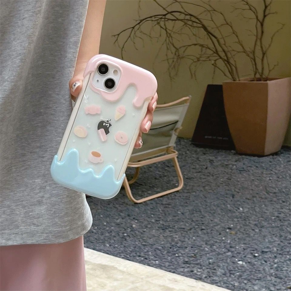 Protective Apple iPhone Back Cover - Cute 3D Donut Holder Stand Melted Ice Cream iPhone Case