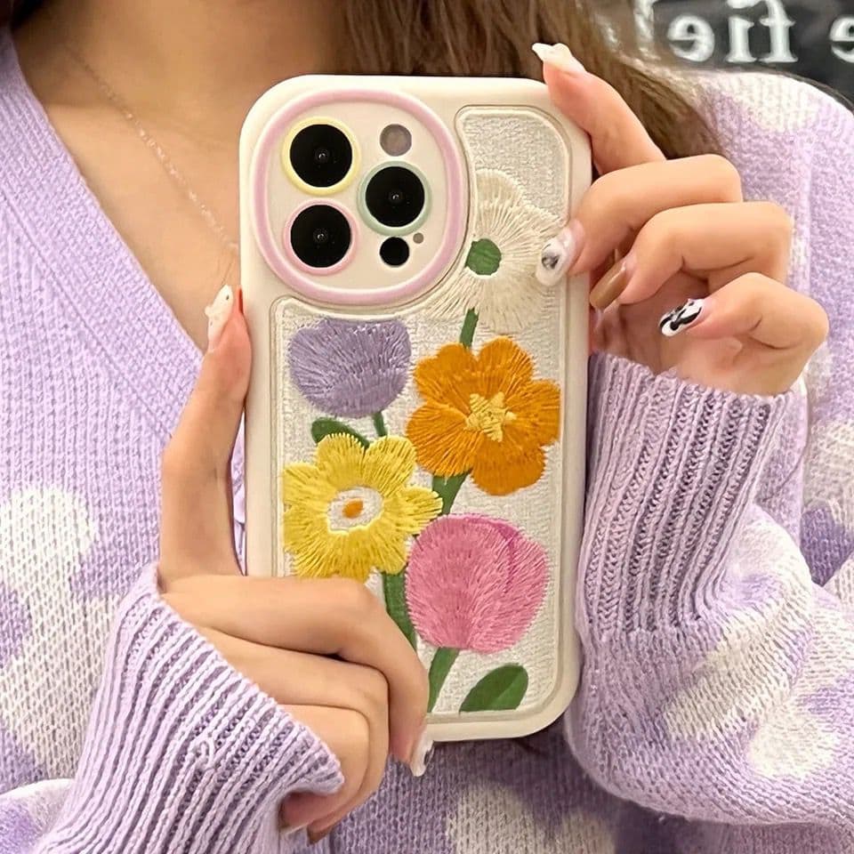 Protective Apple iPhone Back Cover - Cute Embroidery Fabric Floral iPhone Plush Silicone Case - Style 2