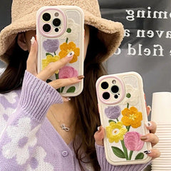 Cute Embroidery Fabric Floral iPhone Plush Silicone Case