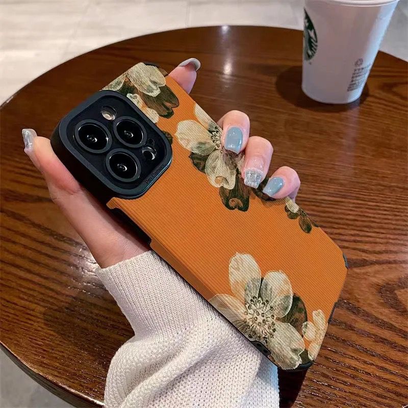 Protective Apple iPhone Back Cover - Orange Floral Flower iPhone Textured Silicone Case