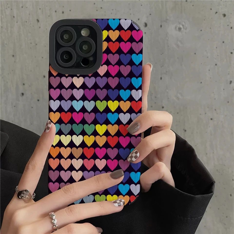 Protective Apple iPhone Back Cover - Colorful Hearts iPhone Textured Silicone Case - Style 2