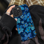 Protective Apple iPhone Back Cover - Dark Blue Floral Flowers iPhone Textured Silicone Cases