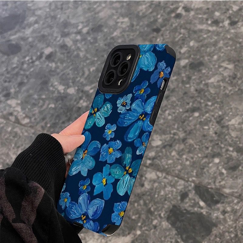 Dark Blue Floral Flowers iPhone Textured Silicone Cases