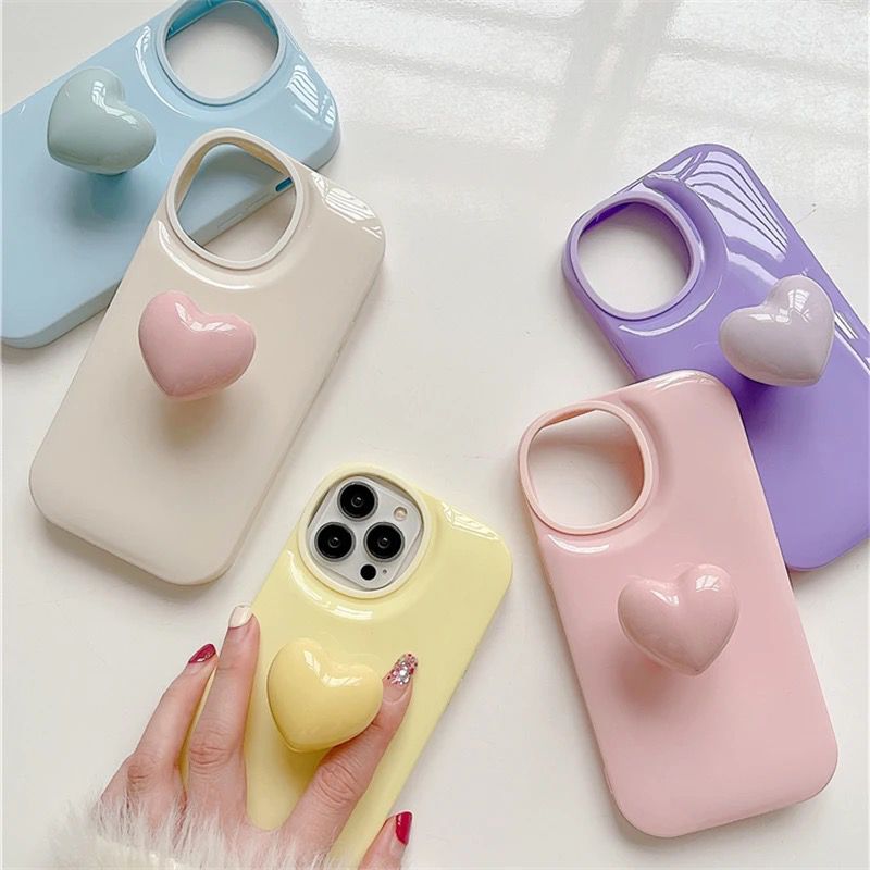 Protective Apple iPhone Back Cover - Cute Colorful Attached Heart Stand Holder Glossy iPhone Soft Case