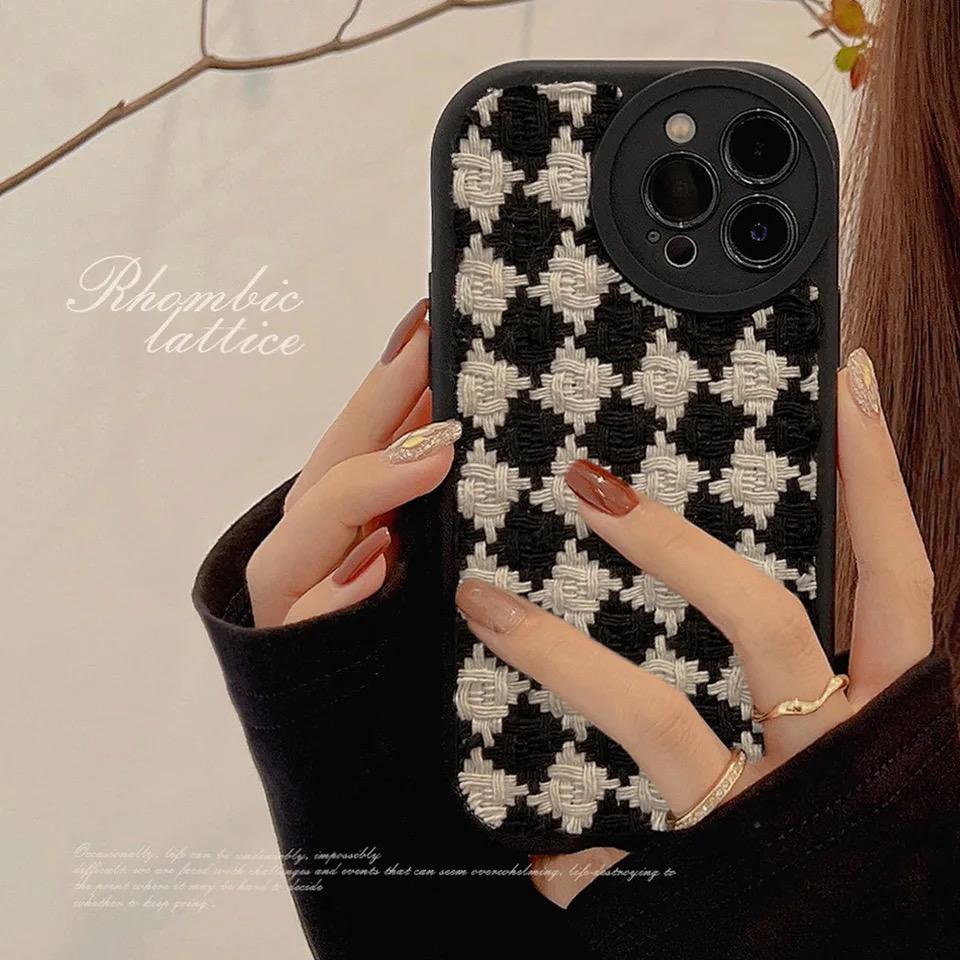 Protective Apple iPhone Back Cover - Knitted Cloth Fabric B/W Weave iPhone Silicone Case - Style 2