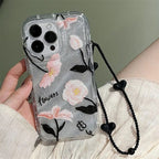 Protective Apple iPhone Back Cover - Dual Bling Glitter Transparent Flower Lanyard Charm iPhone Soft Case - Style 2