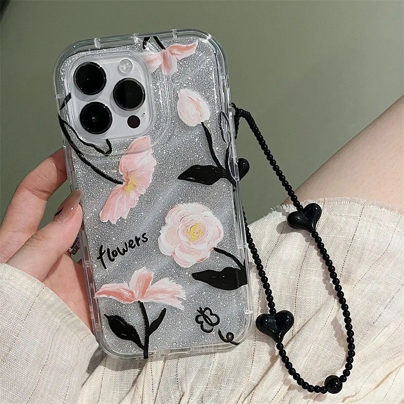 Protective Apple iPhone Back Cover - Dual Bling Glitter Transparent Flower Lanyard Charm iPhone Soft Case - Style 2