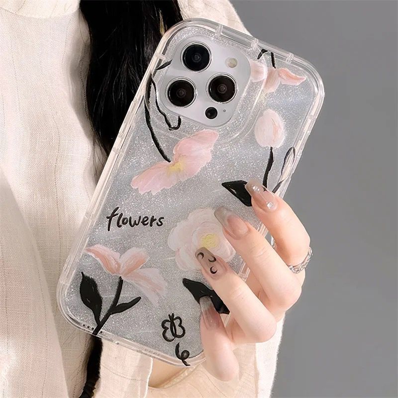 Protective Apple iPhone Back Cover - Dual Bling Glitter Transparent Flower Lanyard Charm iPhone Soft Case - Style 4