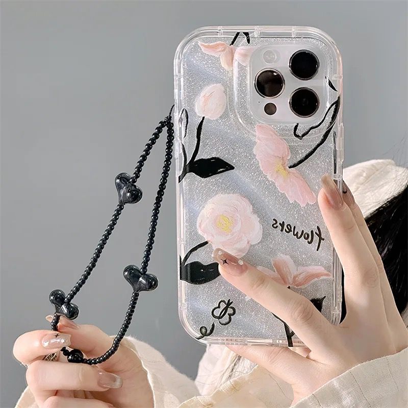 Protective Apple iPhone Back Cover - Dual Bling Glitter Transparent Flower Lanyard Charm iPhone Soft Case