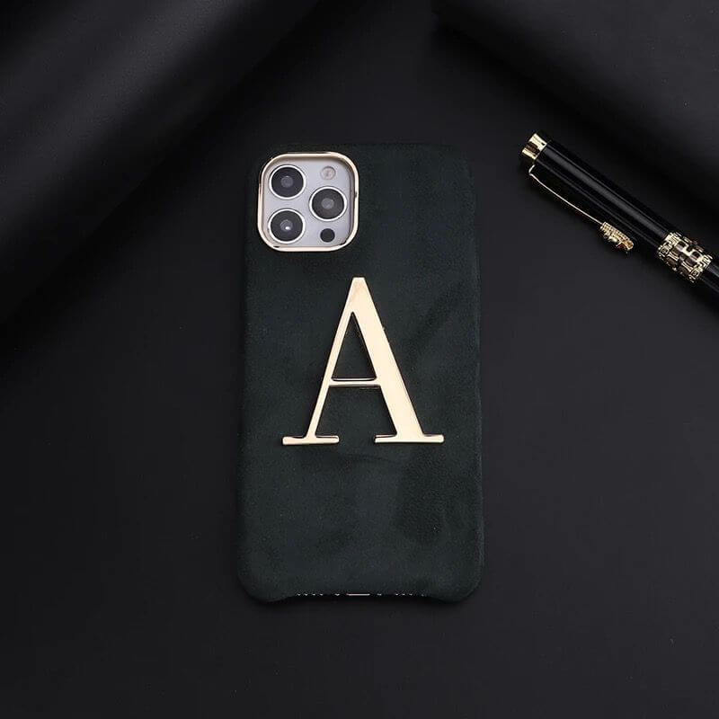 Luxury Winter Fabric Custom Initial Golden Metal iPhone Soft Case