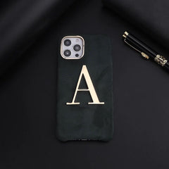 Luxury Winter Fabric Custom Initial Golden Metal iPhone Soft Case