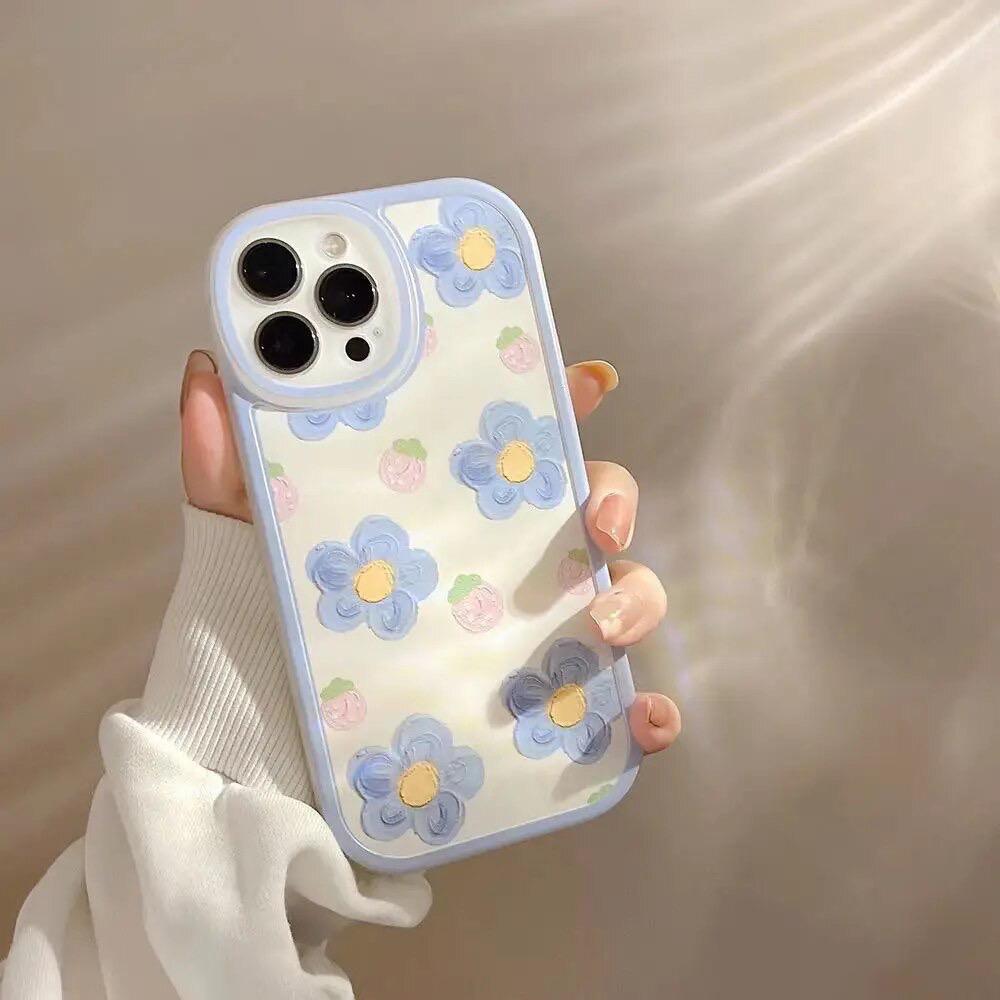 Protective Apple iPhone Back Cover - Blue Yellow Pink Floral Flower iPhone Silicone Rubber Soft Case