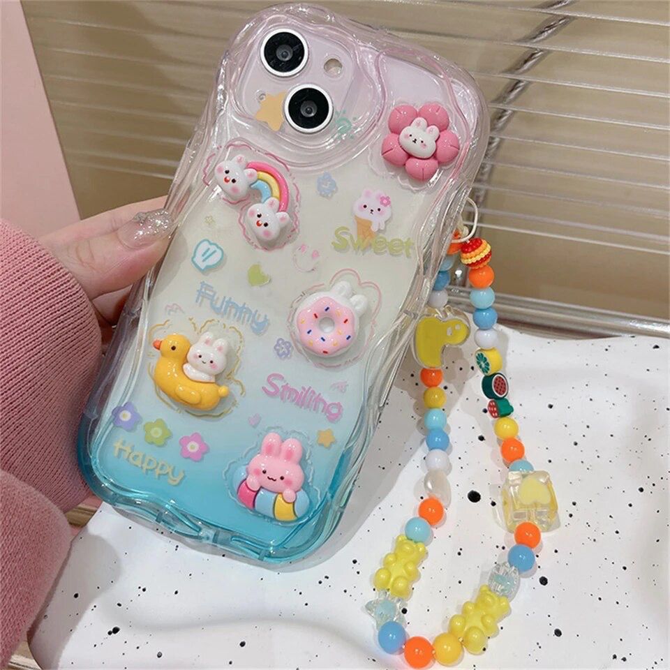 Protective Apple iPhone Back Cover - Cute 3D Characters Rainbow Matte Shaded Soft iPhone Case With Lanyard Charm - Style 10