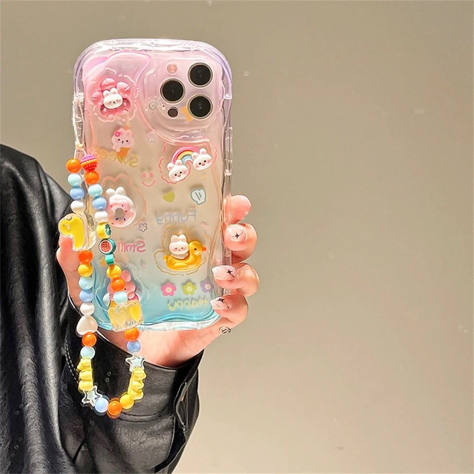 Protective Apple iPhone Back Cover - Cute 3D Characters Rainbow Matte Shaded Soft iPhone Case With Lanyard Charm - Style 11