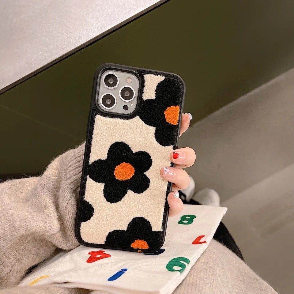 Orange Black Winter Fur Fabric Plush iPhone Silicone Case