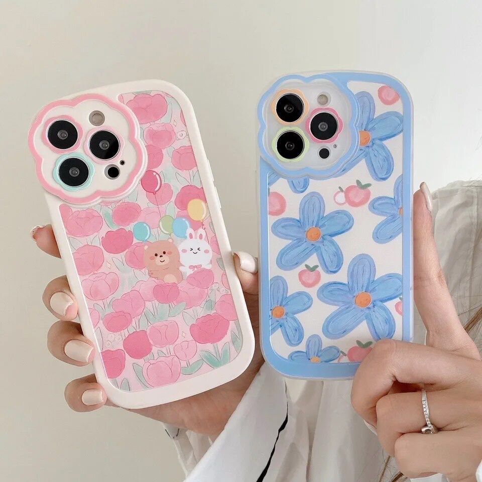 Protective Apple iPhone Back Cover - Pink Blue Tulip Lens Floral Flower iPhone Soft Silicone Case