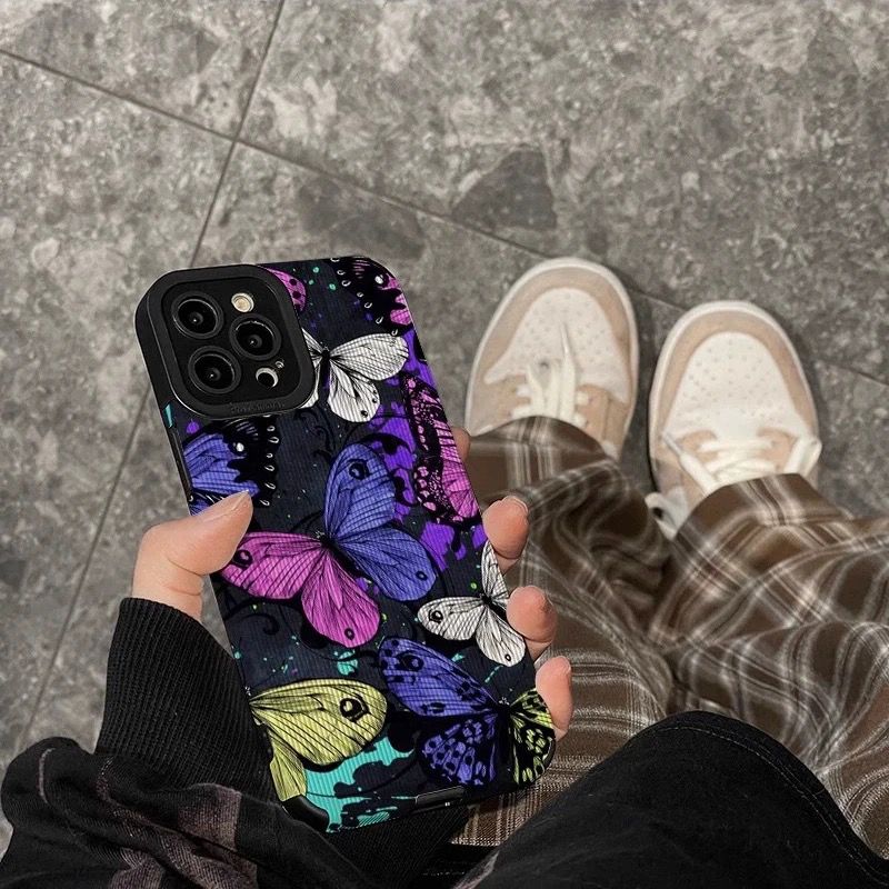 Protective Apple iPhone Back Cover - Colorful Butterflies iPhone Soft Black Textured Silicone Cas - Style 5