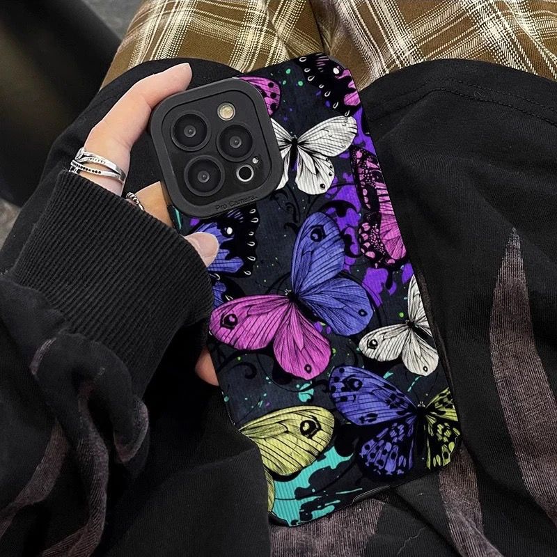 Protective Apple iPhone Back Cover - Colorful Butterflies iPhone Soft Black Textured Silicone Cas - Style 2