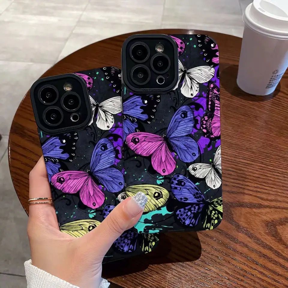 Protective Apple iPhone Back Cover - Colorful Butterflies iPhone Soft Black Textured Silicone Cas - Style 3