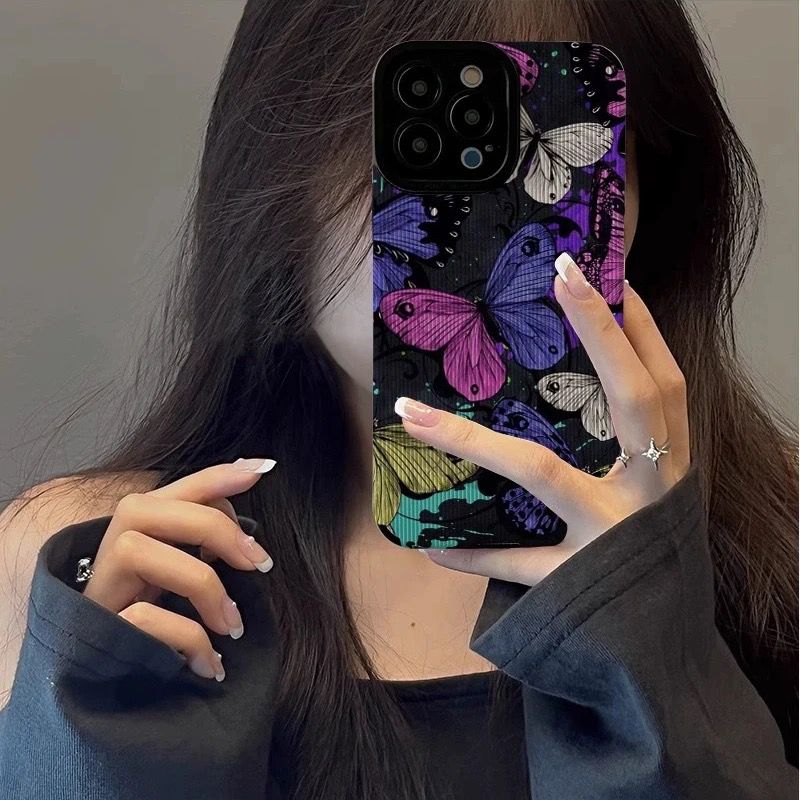 Protective Apple iPhone Back Cover - Colorful Butterflies iPhone Soft Black Textured Silicone Cas - Style 4